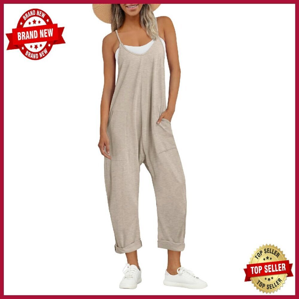 Cotton Spandex Jumpsuit V-Neck Spaghetti Strap Pockets Loose Fit - Picture 1 of 6